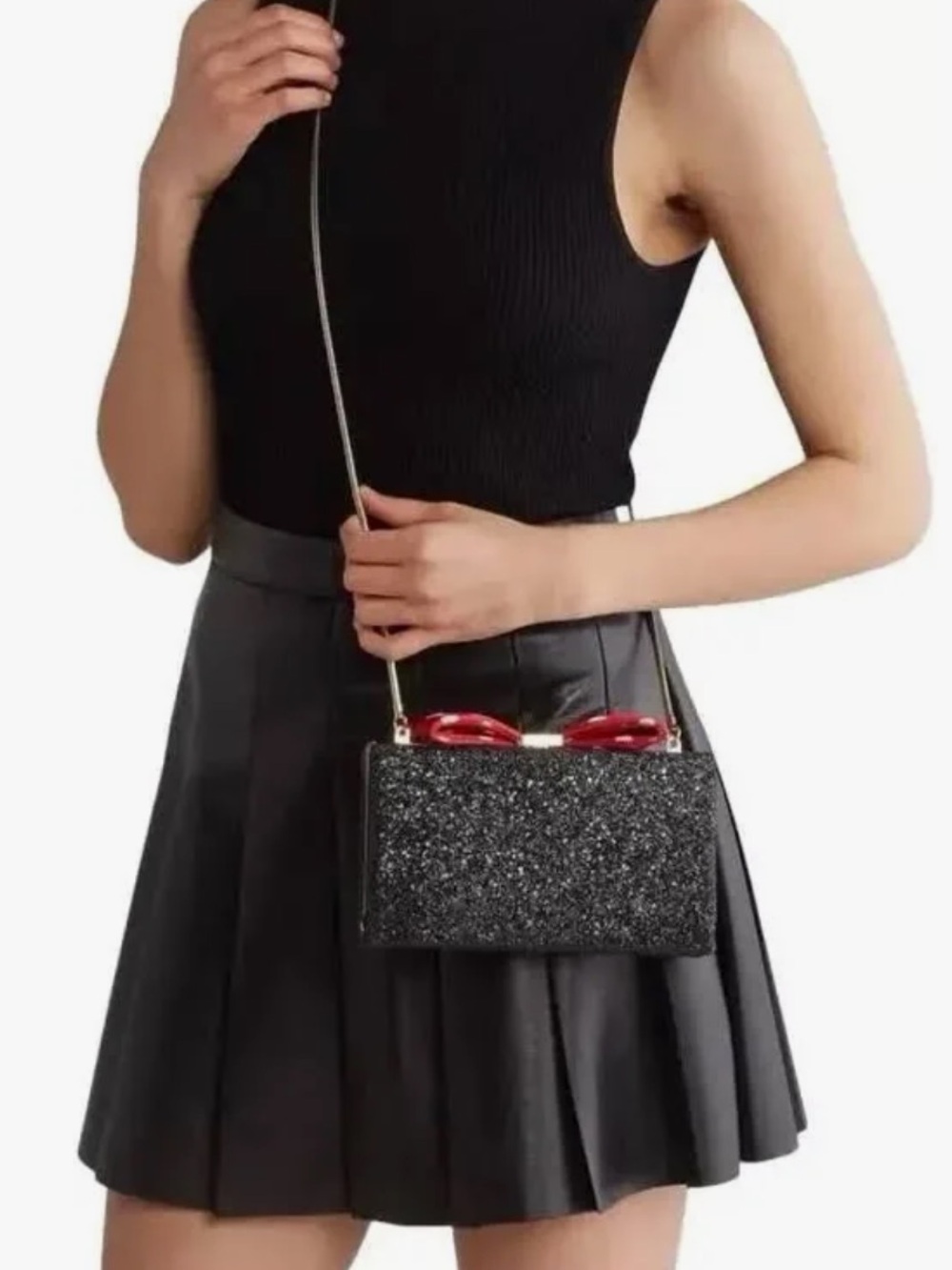 Kate Spade X Disney - Black Glitter Evening Clutch with Red Bow Accent